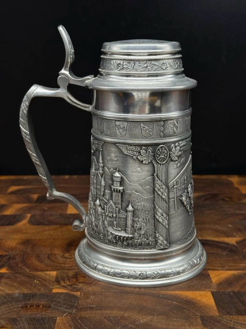Vintage Frieling Zinn 95% Pewter Beer Stein Lidded Germany Bayern HB Wagon 8”